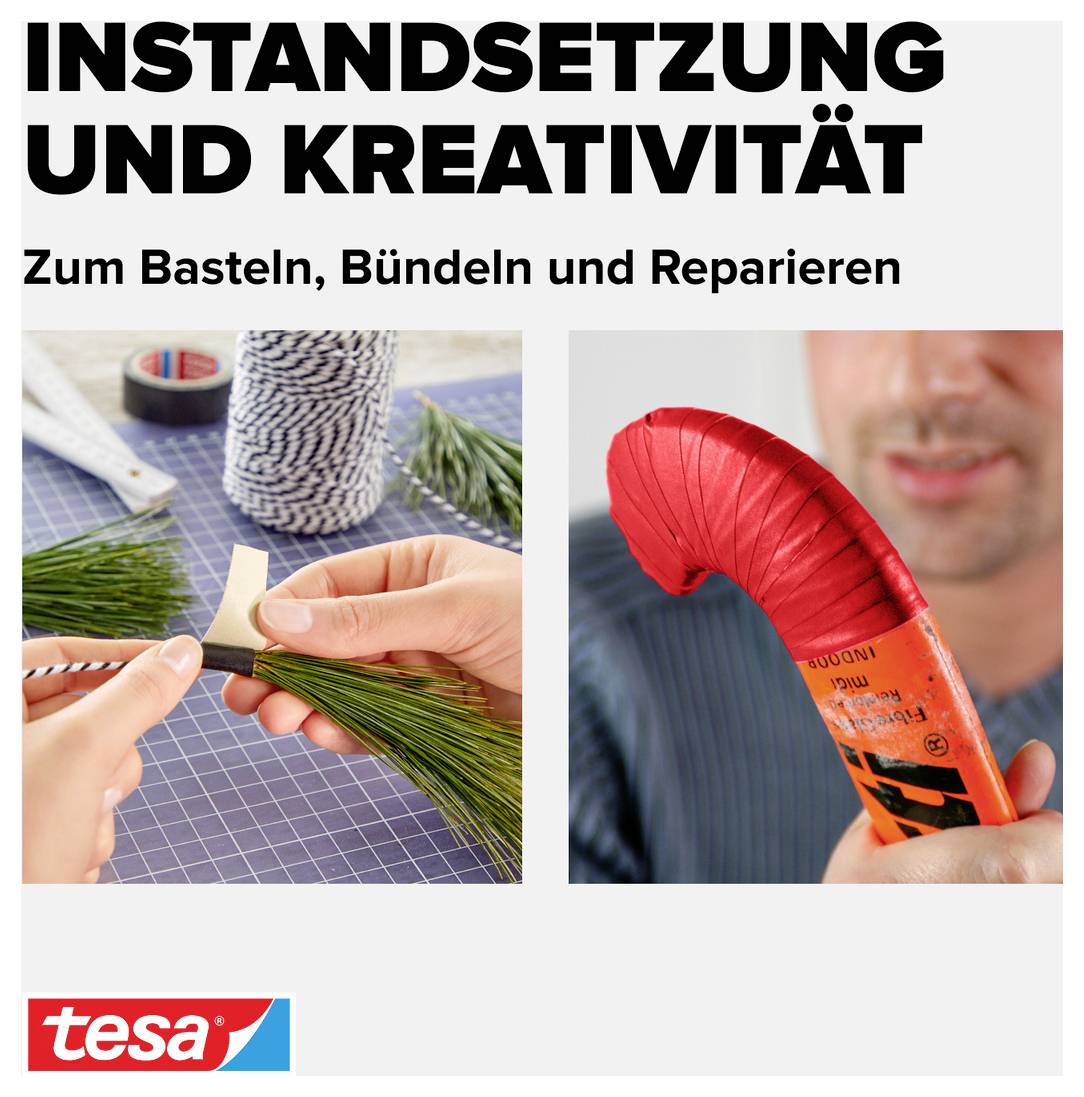 'Restoration and Creativity: For Crafting, Bundling and Repairing.' Two pictures show hands using string and adhesive tape.