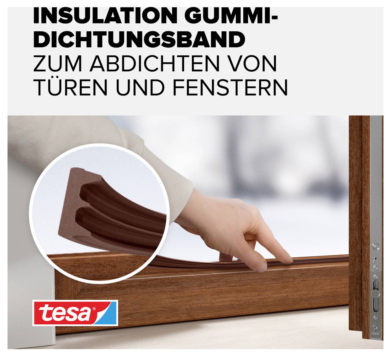 A hand presses a brown rubber sealing tape against a door frame to seal it. Above it says 'Insulation Rubber Sealing Tape'.