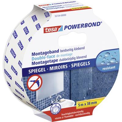 Roll of adhesive tape with 'tesa POWERBOND' inscription for mirror mounting. Dimensions: 5 m x 38 mm. Packaging shows an attached mirror.