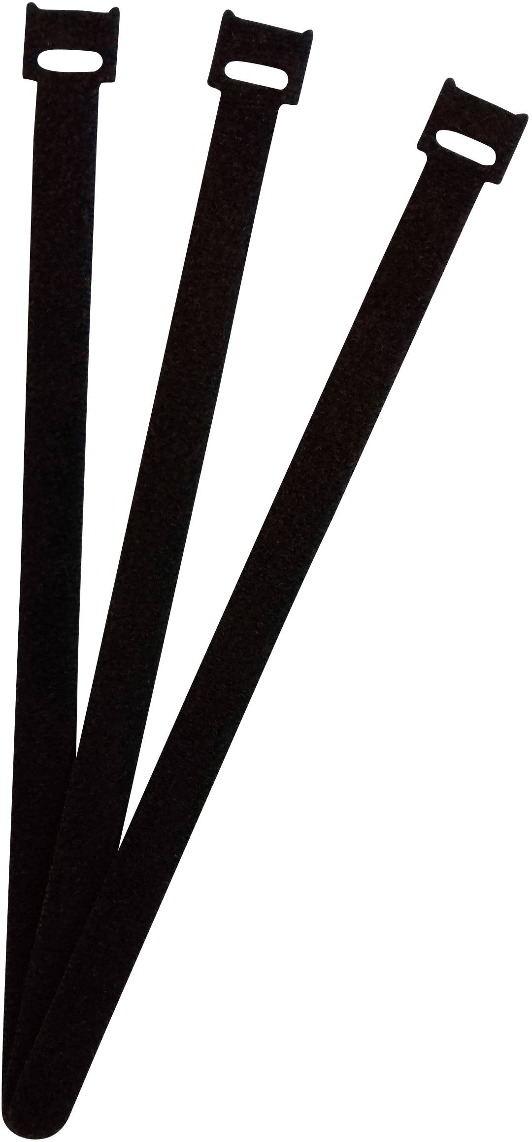 Three black plastic cable ties arranged side by side on a white background.