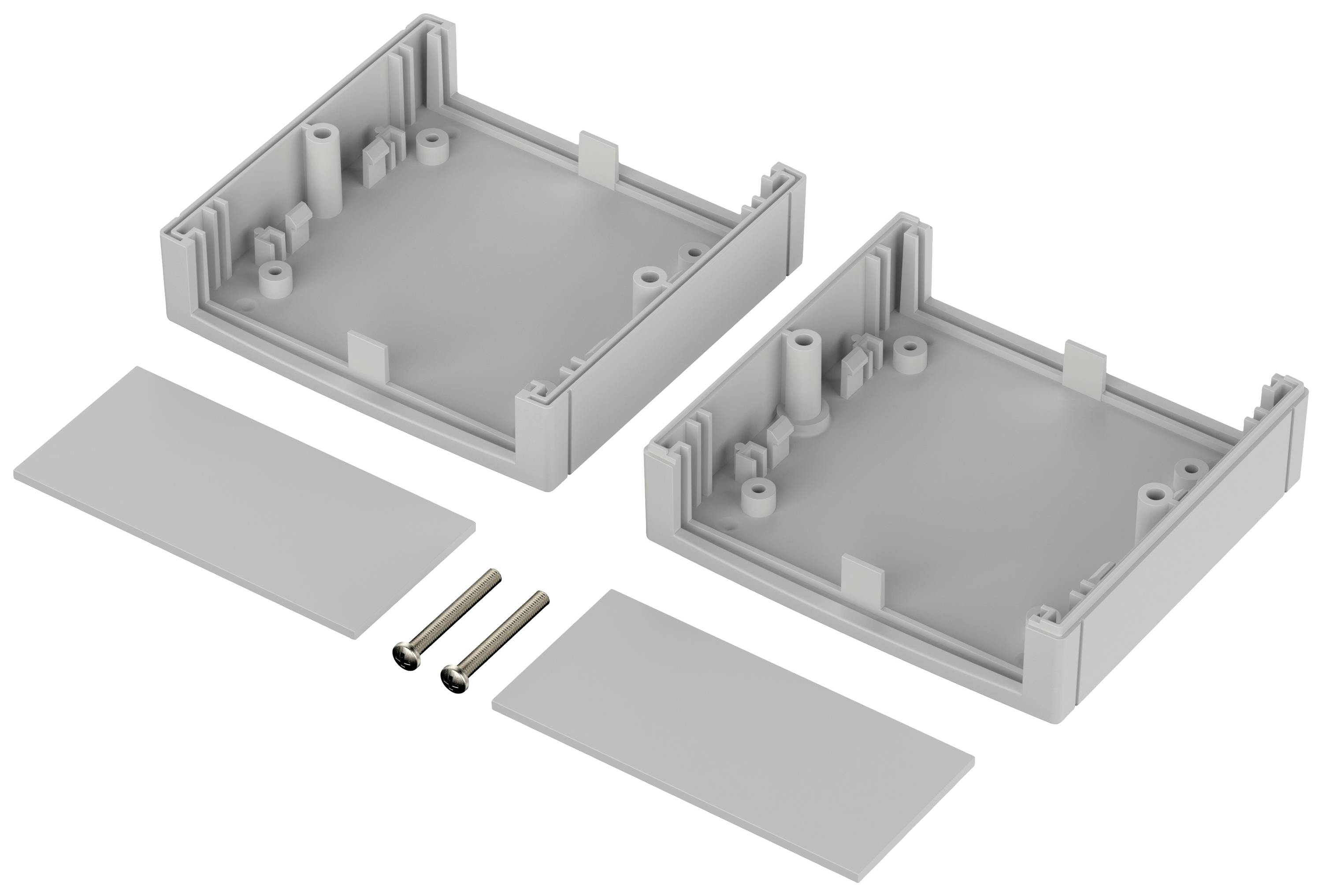 Two grey plastic enclosure halves with screws and cover plates, suitable for electronic module assembly.