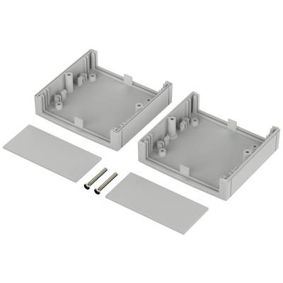 Two grey plastic enclosure halves with screws and cover plates, suitable for electronic module assembly.