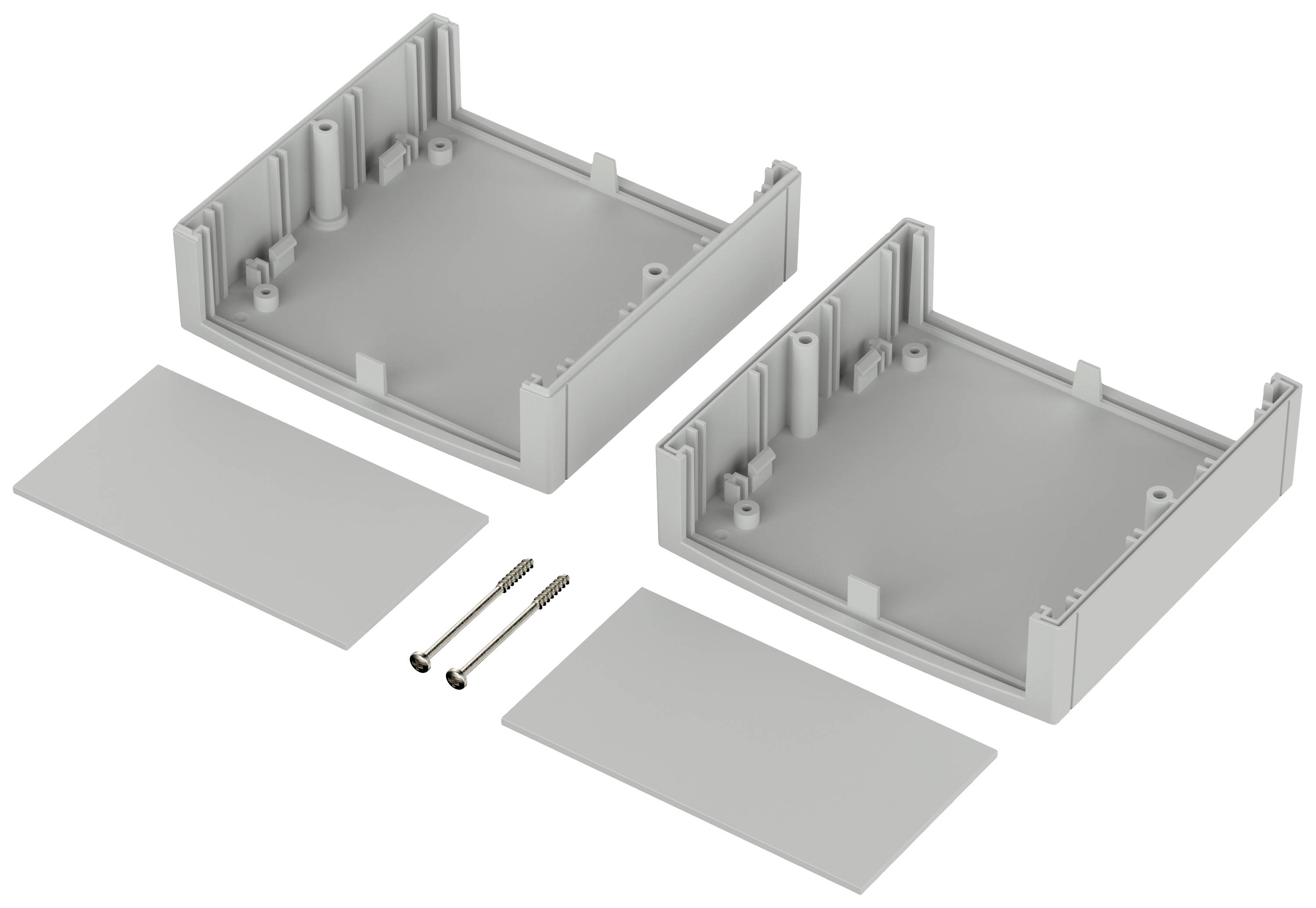 Housing components consisting of two rectangular shells and covers, along with two screws, for mounting electronic components.