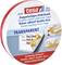 Round box containing 'tesa Double-Sided Adhesive Tape'. Transparent, 10 m x 15 mm. Images demonstrate potential applications on labels.
