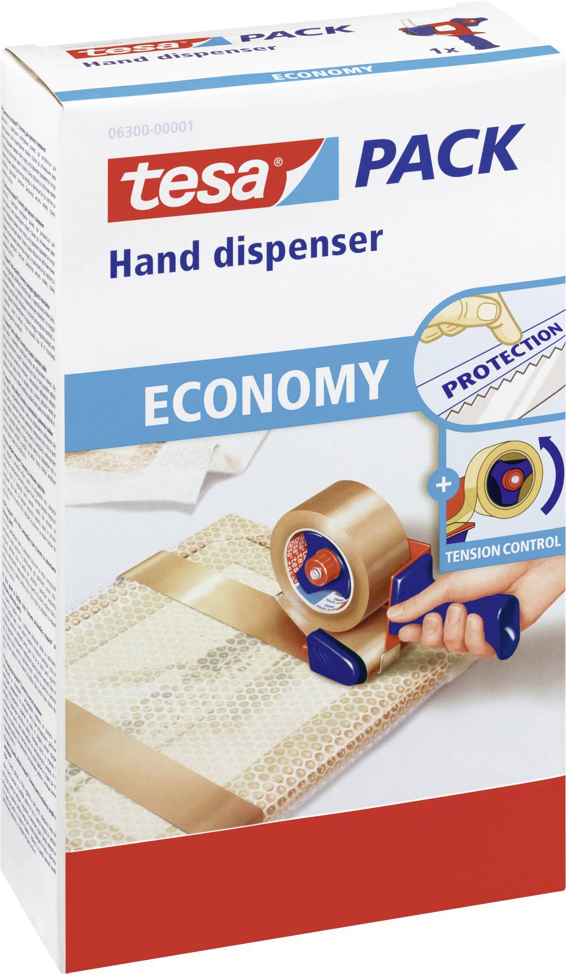 Packaging for a tesa parcel tape dispenser with protective and tension control features, illustrated with an image of a hand using the dispenser.
