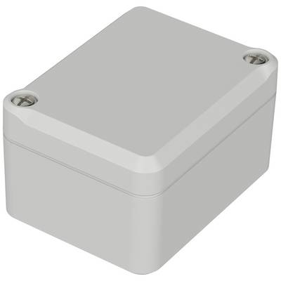 Grey, rectangular plastic enclosure with rounded corners and screws at two corners, likely for electronic components.