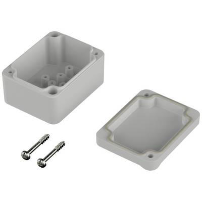 Grey plastic housing, consisting of upper and lower parts, with two fixing screws lying beside it.