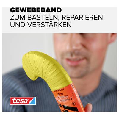 'Man holds a pipe wrapped with yellow fabric tape. Above it says: Fabric tape for crafting, repairing and reinforcing.'
