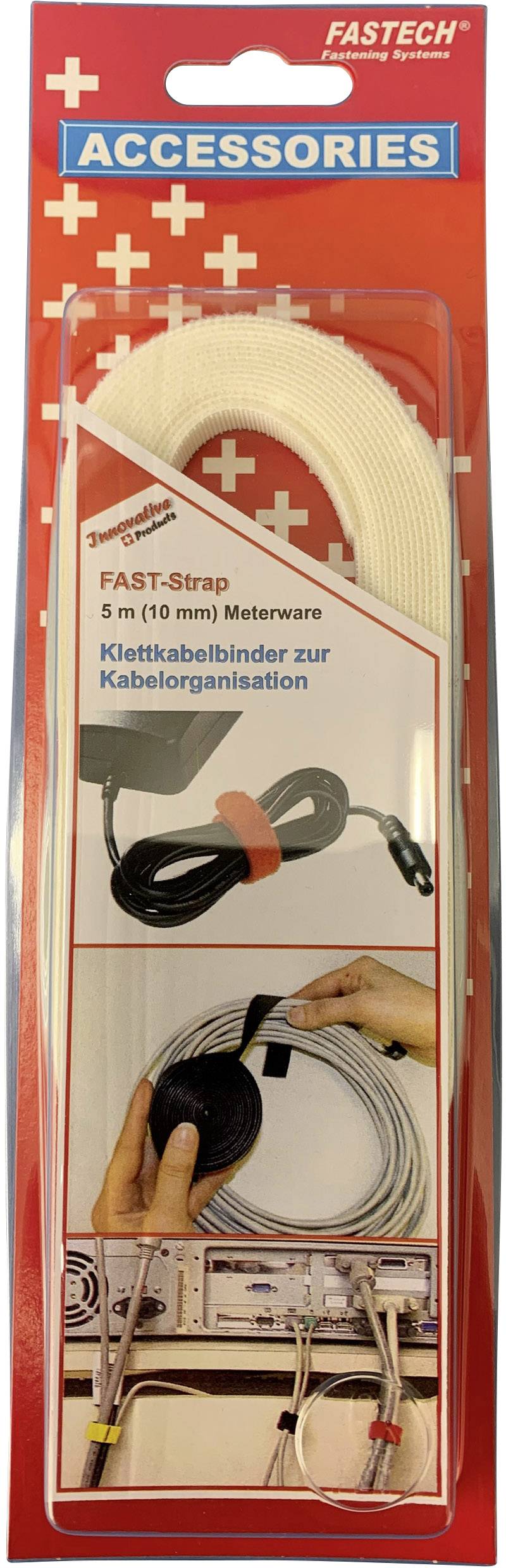 Product Packaging for 'FAST-STRAP' Cable Ties, 5 m Length, for Cable Organisation, with Illustrative Application Examples.
