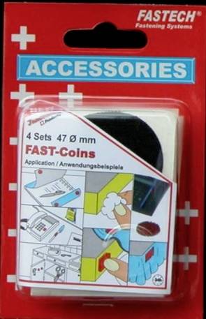 Packaging of FAST-COINS, 47 mm diameter, 4 sets. Contains application examples for fixing systems. Provides instructions.