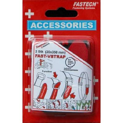 'FASTECH ACCESSORIES' packaging with 2 red quick-release straps (20x350 mm) and instructions for use and function.