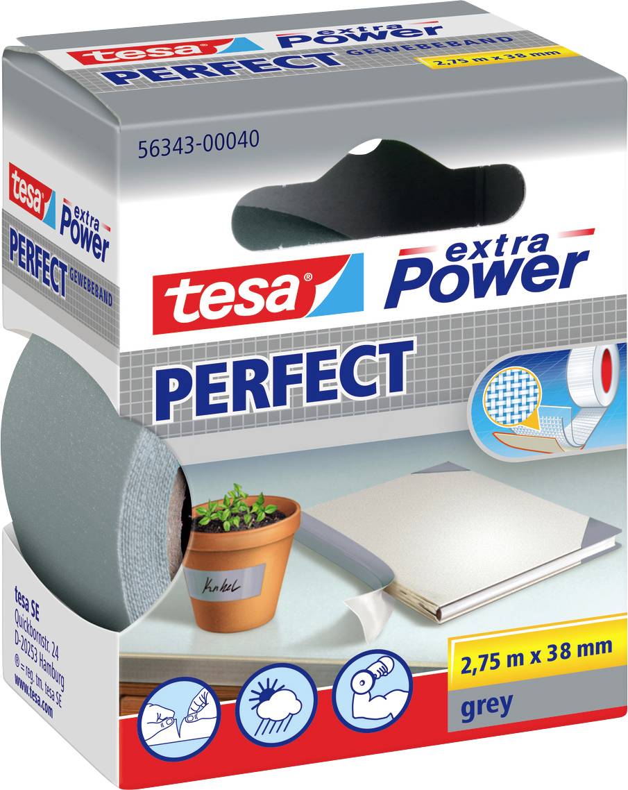 Packaging of 'tesa extra Power PERFECT' tape, shows roll of grey tape, suggests uses like plant labeling, book binding, and hole repair.