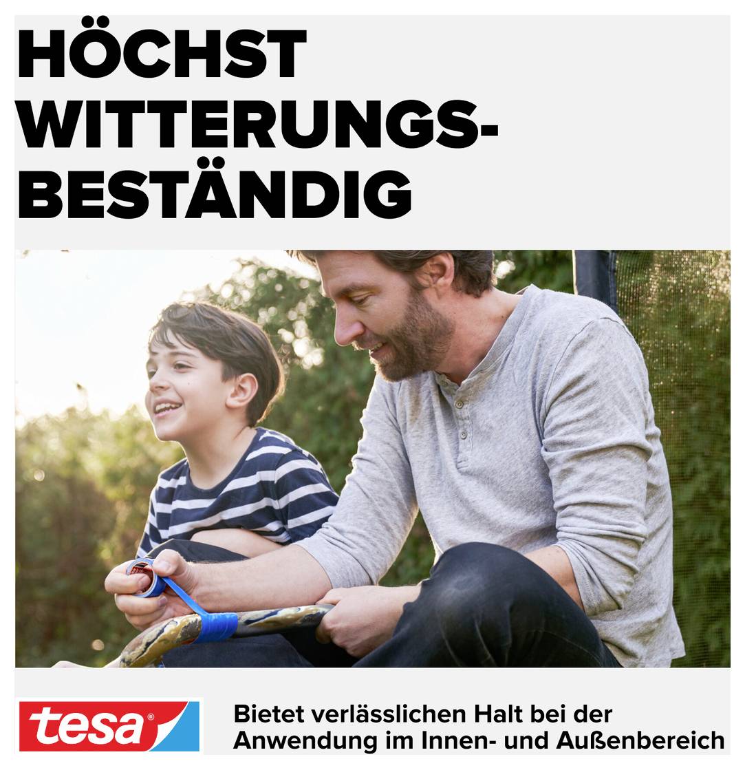 Father sits with son outdoors, both laughing. Text above: "Extremely weather-resistant". Brand logo and text below: "Provides reliable support".