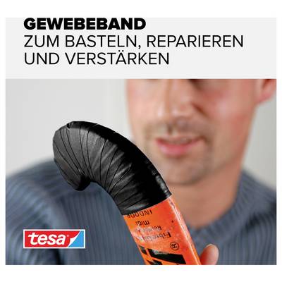 Man holding an object wrapped with black fabric tape. Text at the top: 'Fabric Tape for Crafting, Repairing and Reinforcing'. Logo at the bottom.