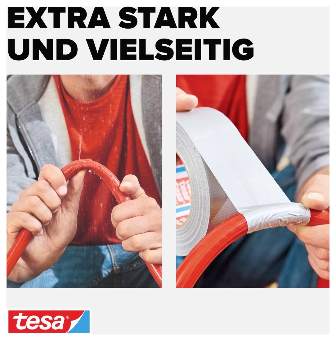 'Extra strong and versatile' shows a person binding a red pipe with robust tesa adhesive tape to emphasise strength and flexibility.