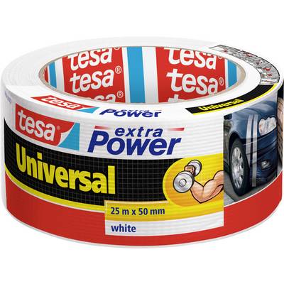 The image shows a roll of Tesa Universal extra power tape, 25m x 50mm, white. The packaging features illustrations and a car photo.
