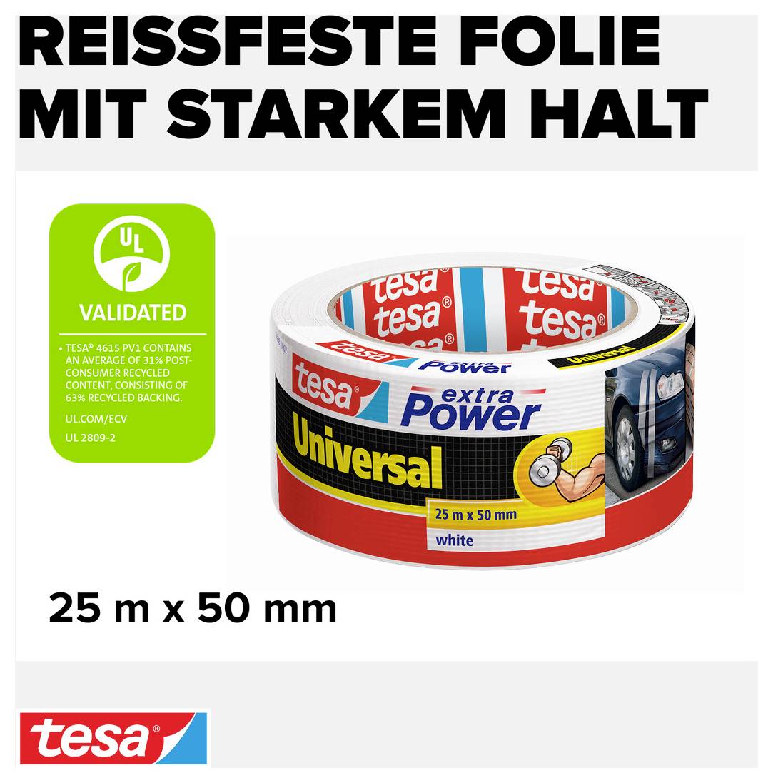 'Image of a Tesa packing tape with the inscription "Universal, 25 m x 50 mm, white". It is described as tear-resistant and highly adhesive.'