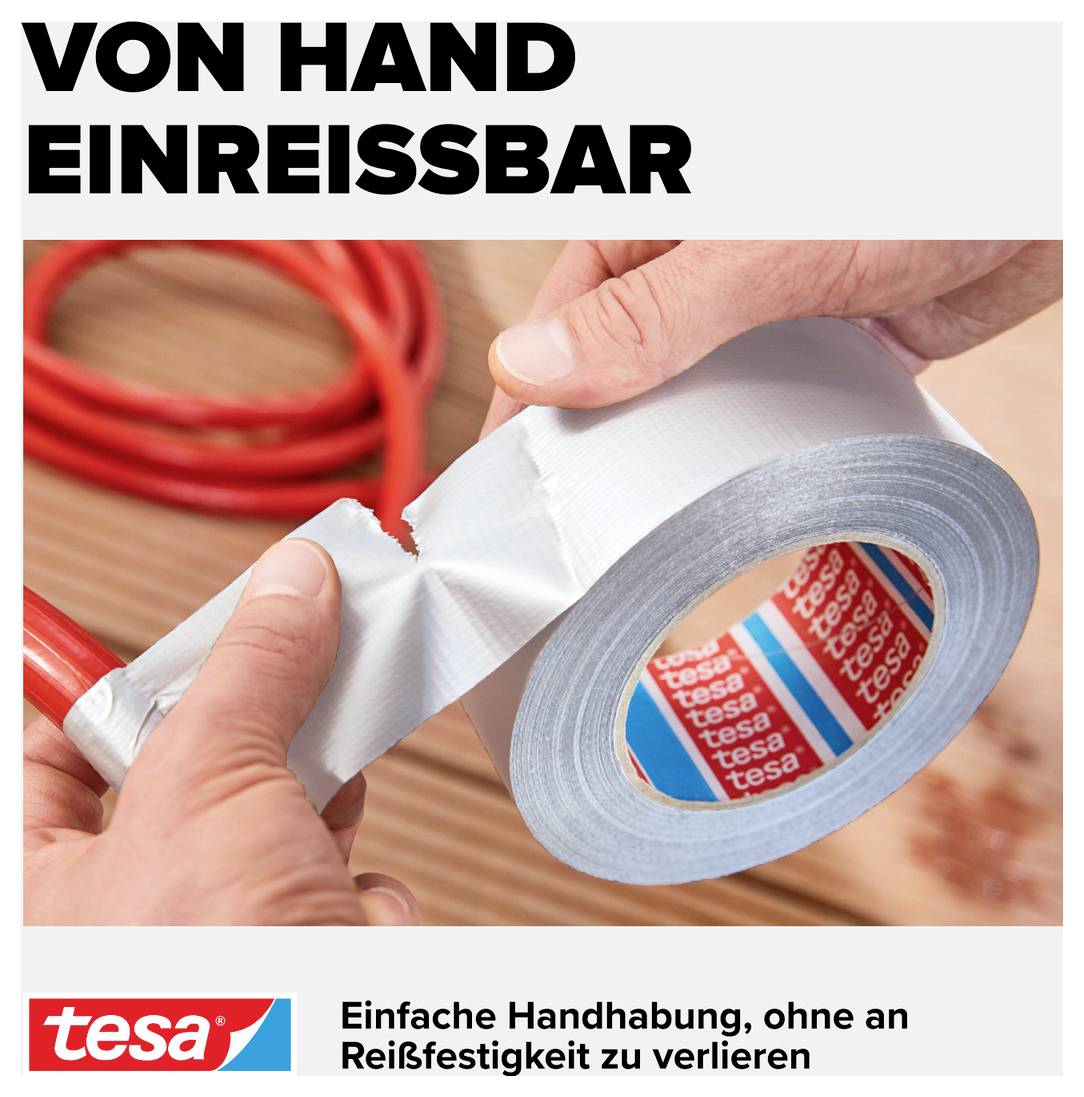 A person tears grey adhesive tape from the reel. At the top it reads: 'HAND TEARABLE'. Below is the 'tesa' logo and text: 'Easy to handle, without losing tear strength'.