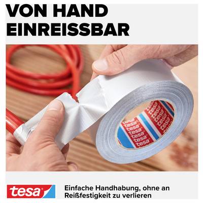 A person tears grey adhesive tape from the reel. At the top it reads: 'HAND TEARABLE'. Below is the 'tesa' logo and text: 'Easy to handle, without losing tear strength'.