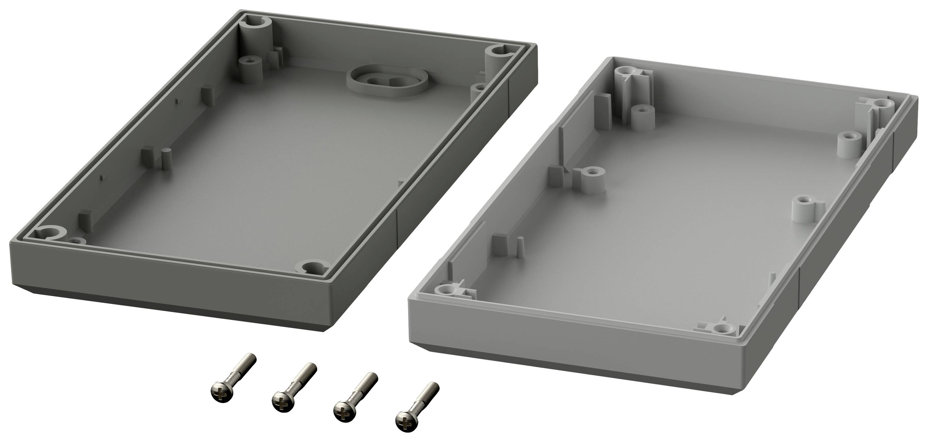 Two-part grey plastic enclosure with four mounting screws, opened, revealing internal structure for circuit board mounting.