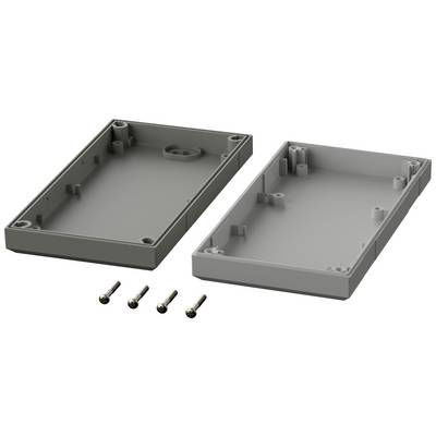 Two-part grey plastic enclosure with four mounting screws, opened, revealing internal structure for circuit board mounting.