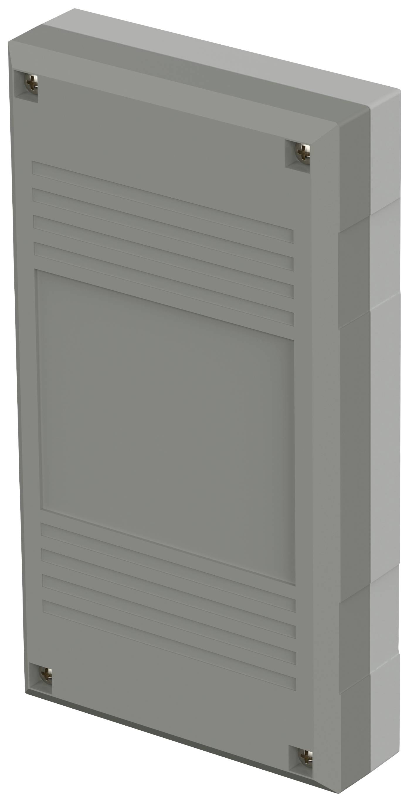 Grey, rectangular enclosure with a ribbed surface and four visible screws at the corners.