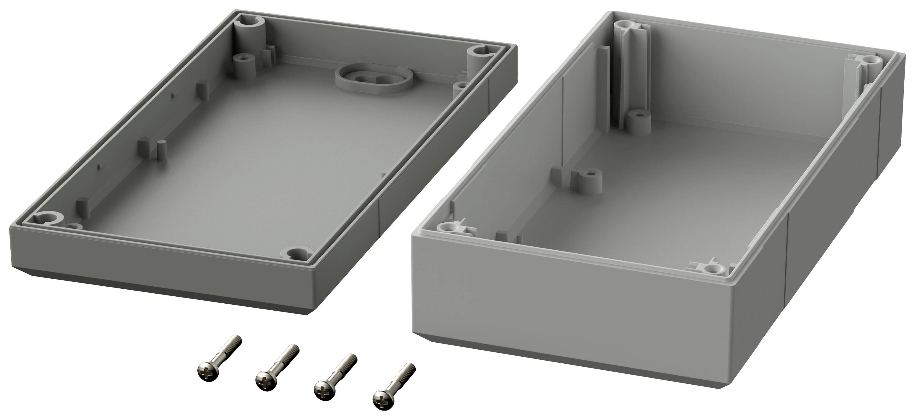 Grey plastic housing in two halves with four screws, ready for assembly. Suitable for electronic components or circuit boards.