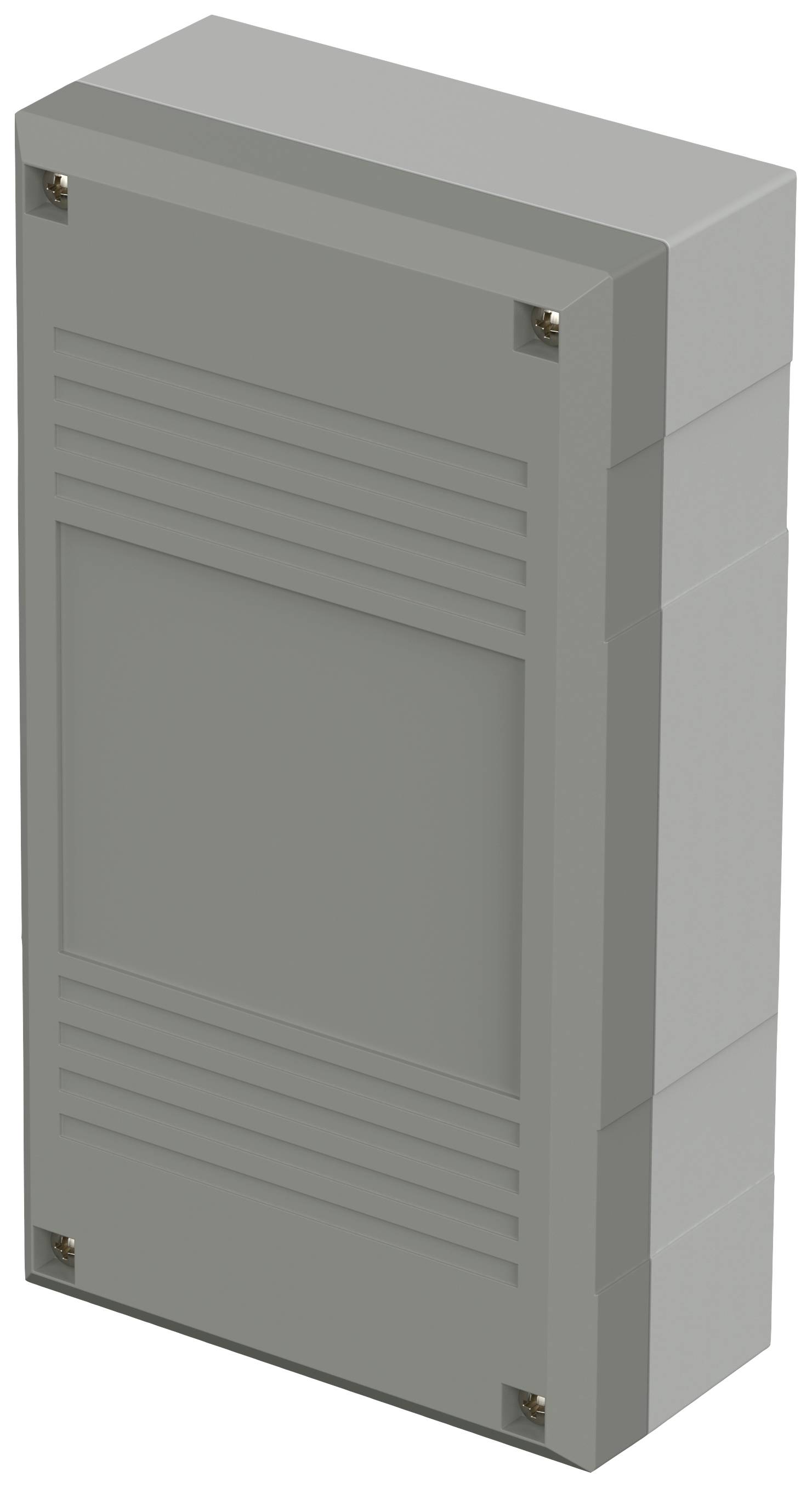 Grey, rectangular enclosure with vertical and horizontal lines on the front. Corners are secured with screws.