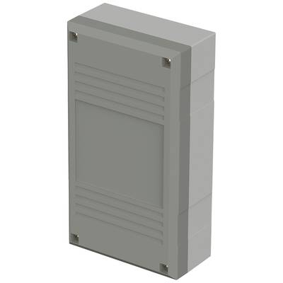 Grey, rectangular enclosure with vertical and horizontal lines on the front. Corners are secured with screws.