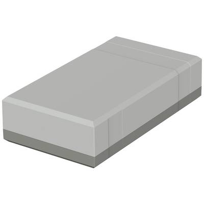 A grey plastic eraser, rectangular and flat, lies on a smooth surface.