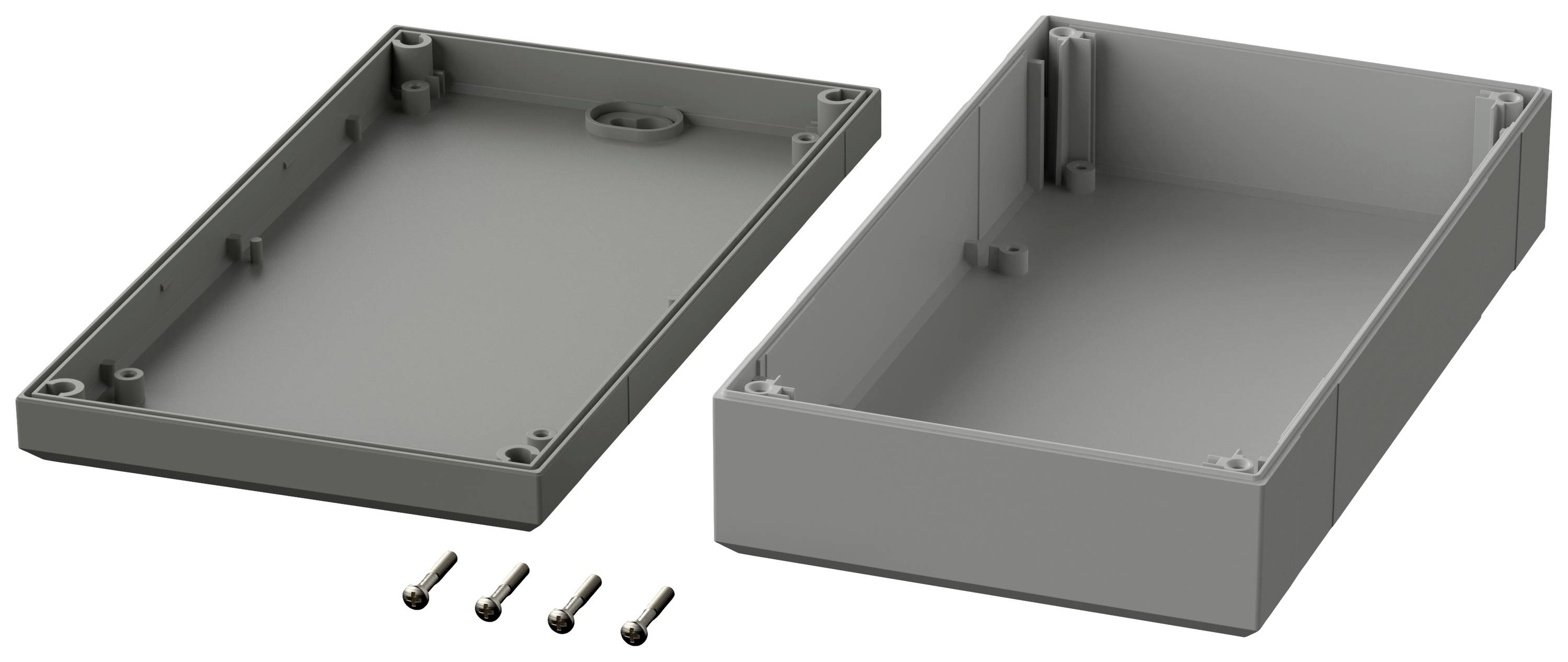 Plastic housing, two-part, rectangular, with four screws at the front.
