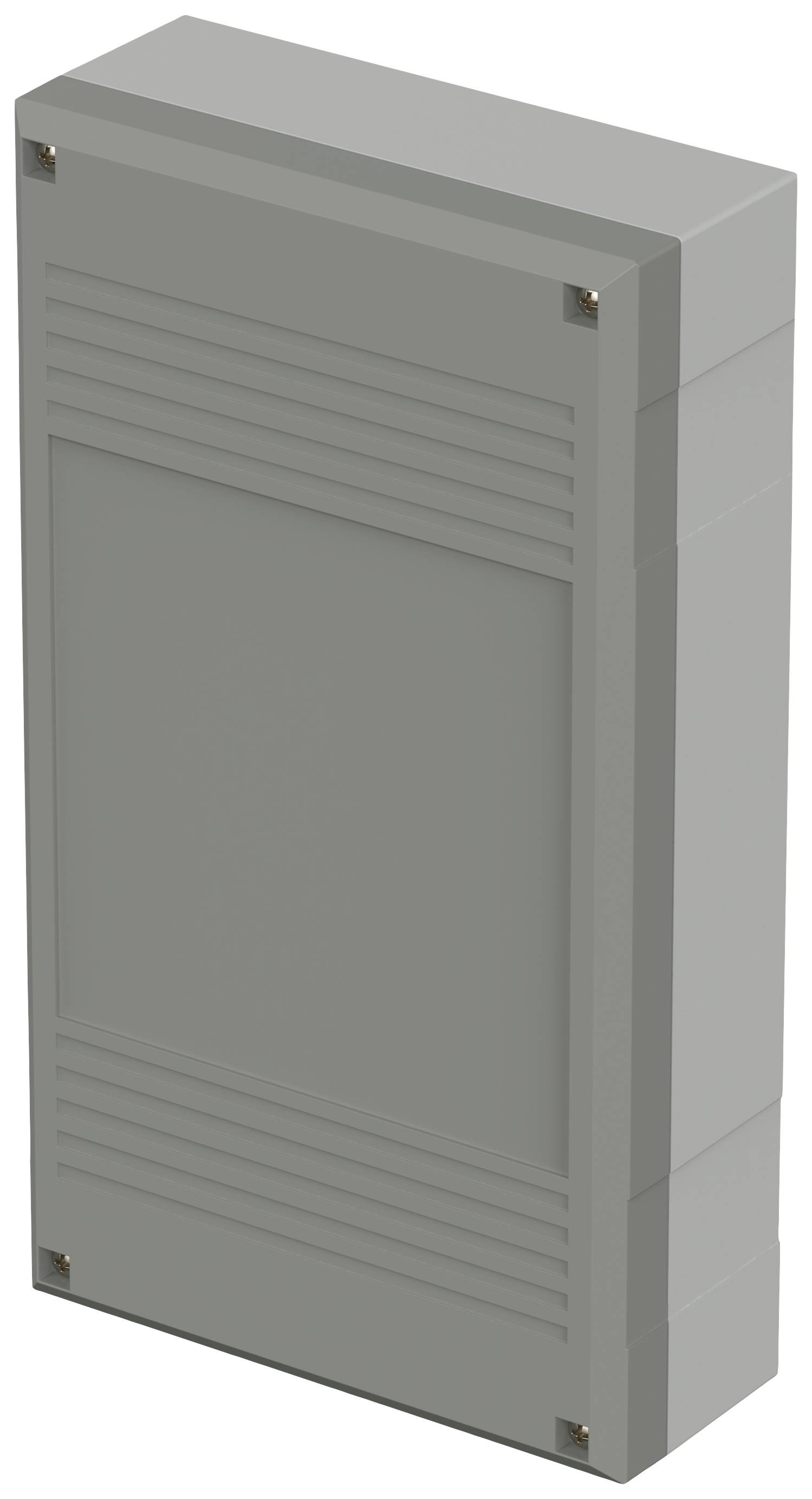 Grey-yellow plastic housing with a rectangular surface and ribbed sides for electronic devices.