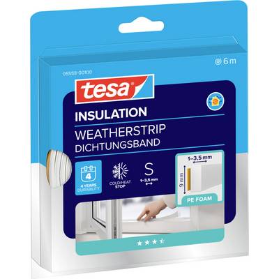 The image shows a package of Tesa Insulation Weatherstrip, size S, for sealing gaps of 1-3.5mm. It provides cold/heat stop and is 6m long.