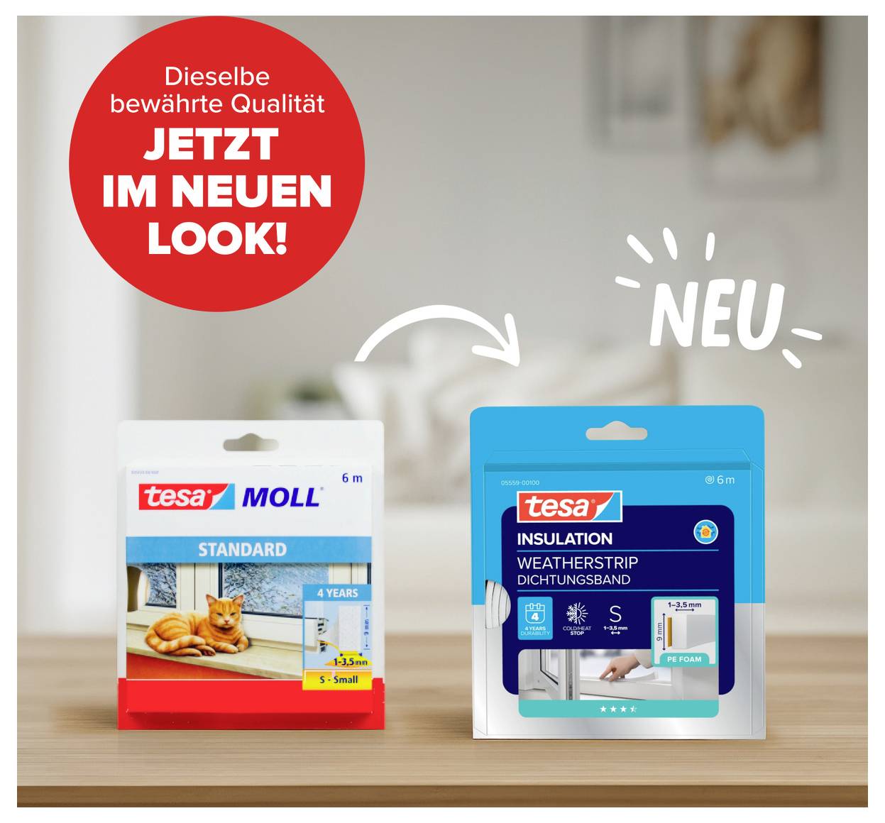 'Two packages of tesa sealing tape, the one on the left in the old design, the one on the right in the new look, with an arrow between them and a note indicating the new look.'