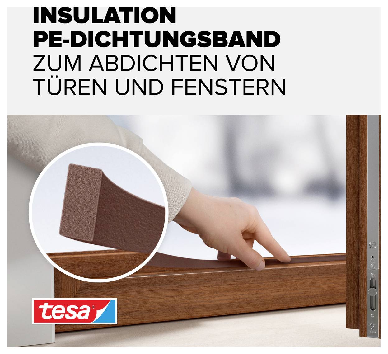 'Insulation PE sealing tape for sealing doors and windows.' A finger presses the sealing tape against a door frame.