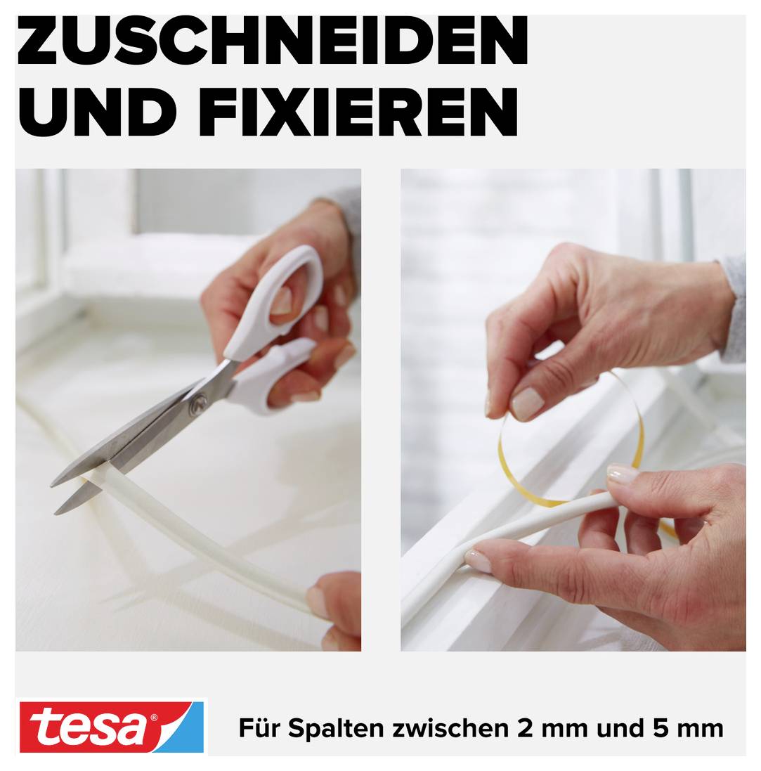 A hand cuts a sealing tape with scissors, whilst another hand applies the tape to a window frame. Text: 'Cut and Fix'.