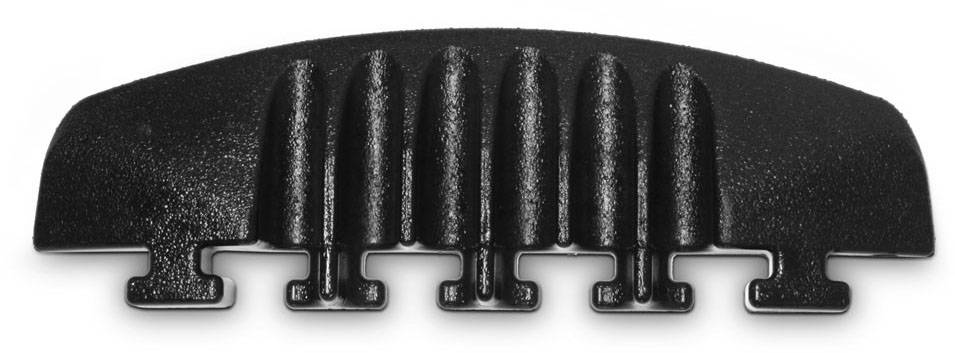 Large black hair comb in a half-moon shape with six rounded teeth and a flat base, on a white background.