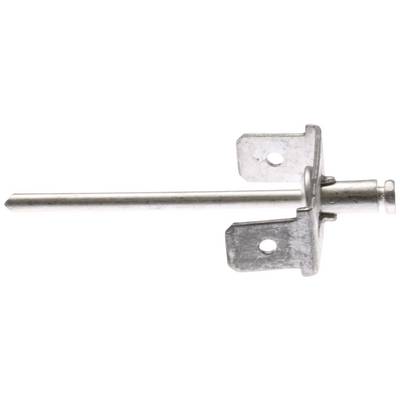 Metallic bolt piece with two flat mounting brackets and a long shaft. Used in mechanical fastenings.