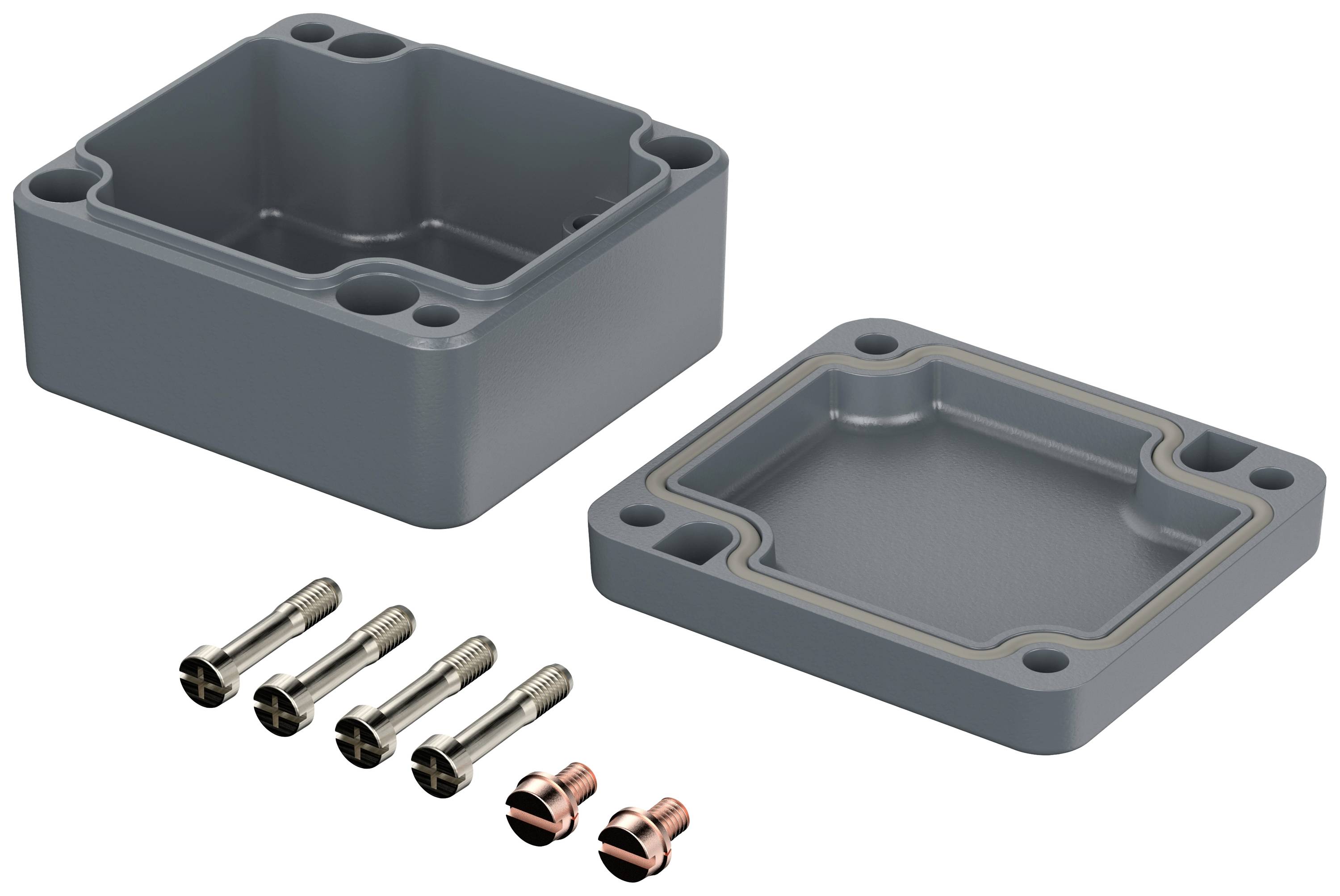 Two square, grey housing halves with rounded corners. Four screw pairs for sealing are positioned beside them.