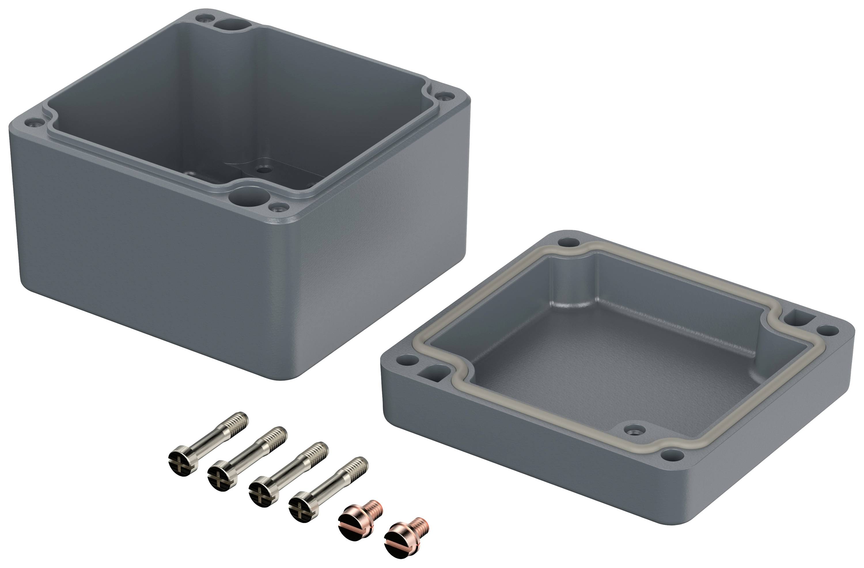 Plastic enclosure with removable lid, shown with four screws and two seals, suitable for electronic applications.
