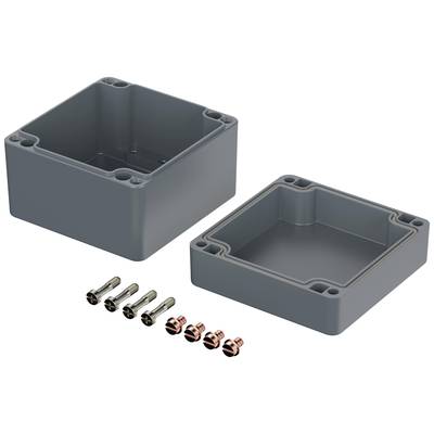 Grey, rectangular plastic enclosure with a removable cover, shown with screws and wall plugs. Suitable for electronic installations.