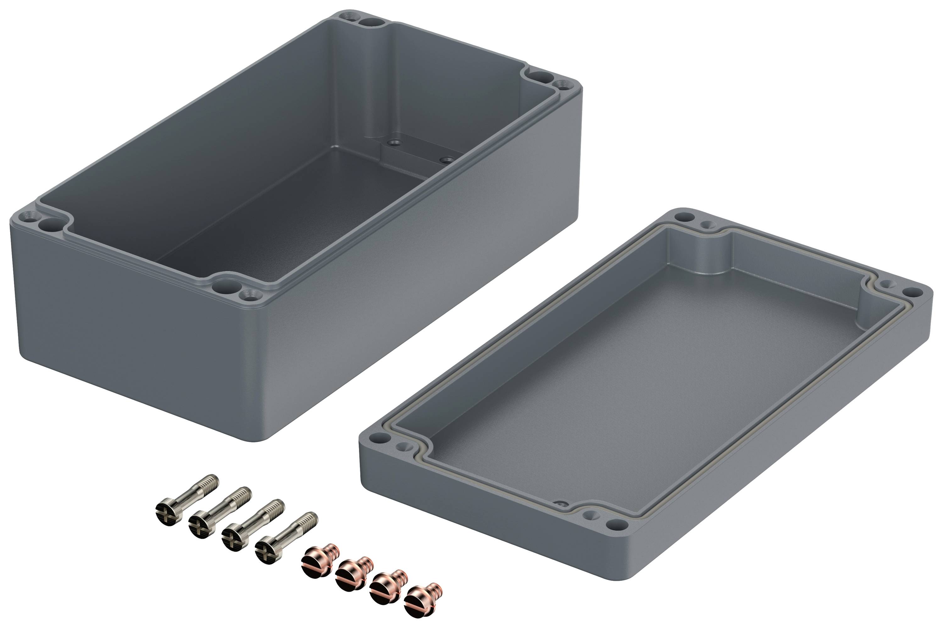 Grey plastic casing with cover removed, screws and nuts visible. Suitable for electronics projects.