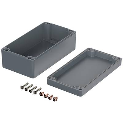 Grey plastic casing with cover removed, screws and nuts visible. Suitable for electronics projects.