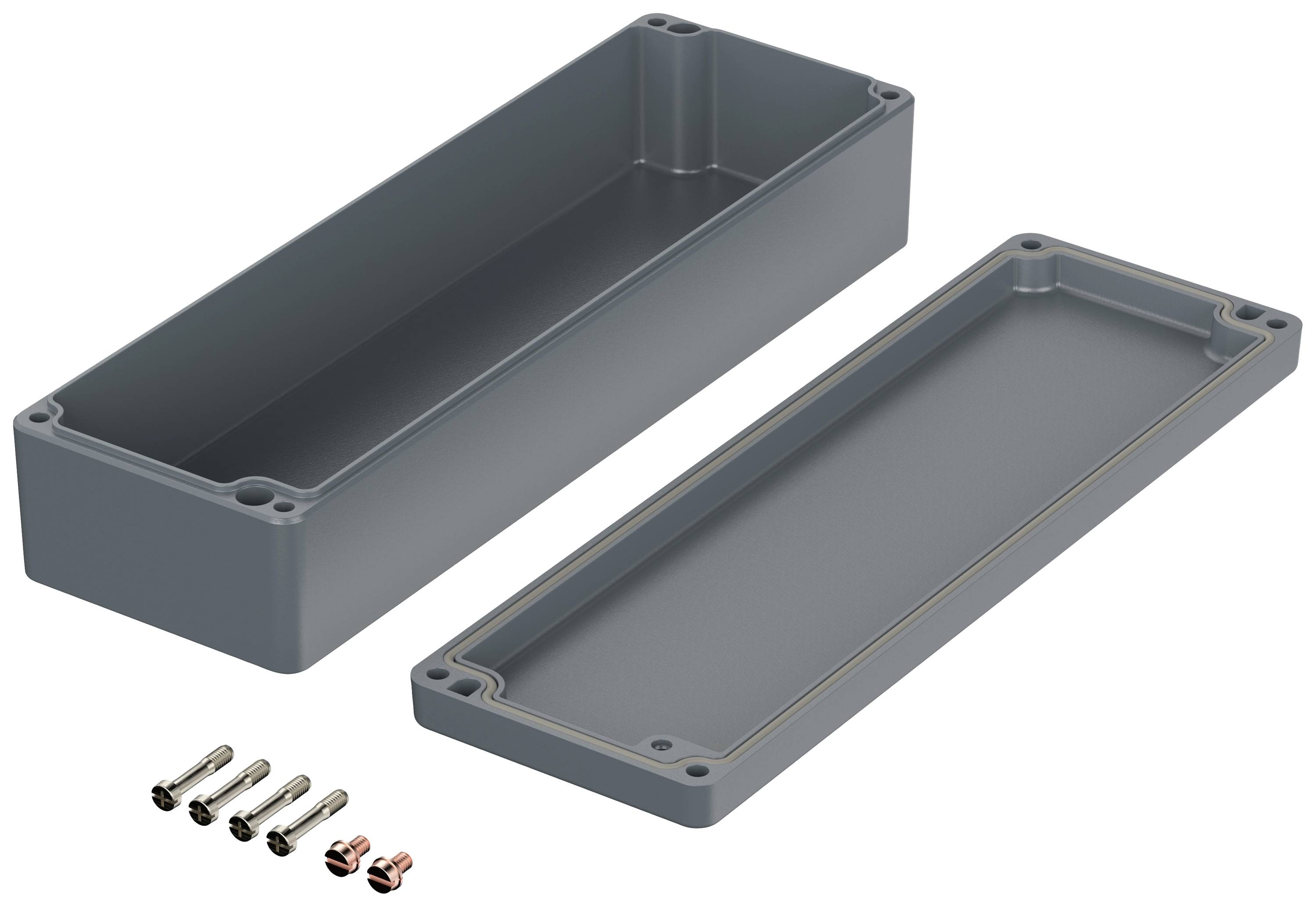 Metal enclosure with removed lid, four screws, and two copper nuts. Suitable for electronic applications.