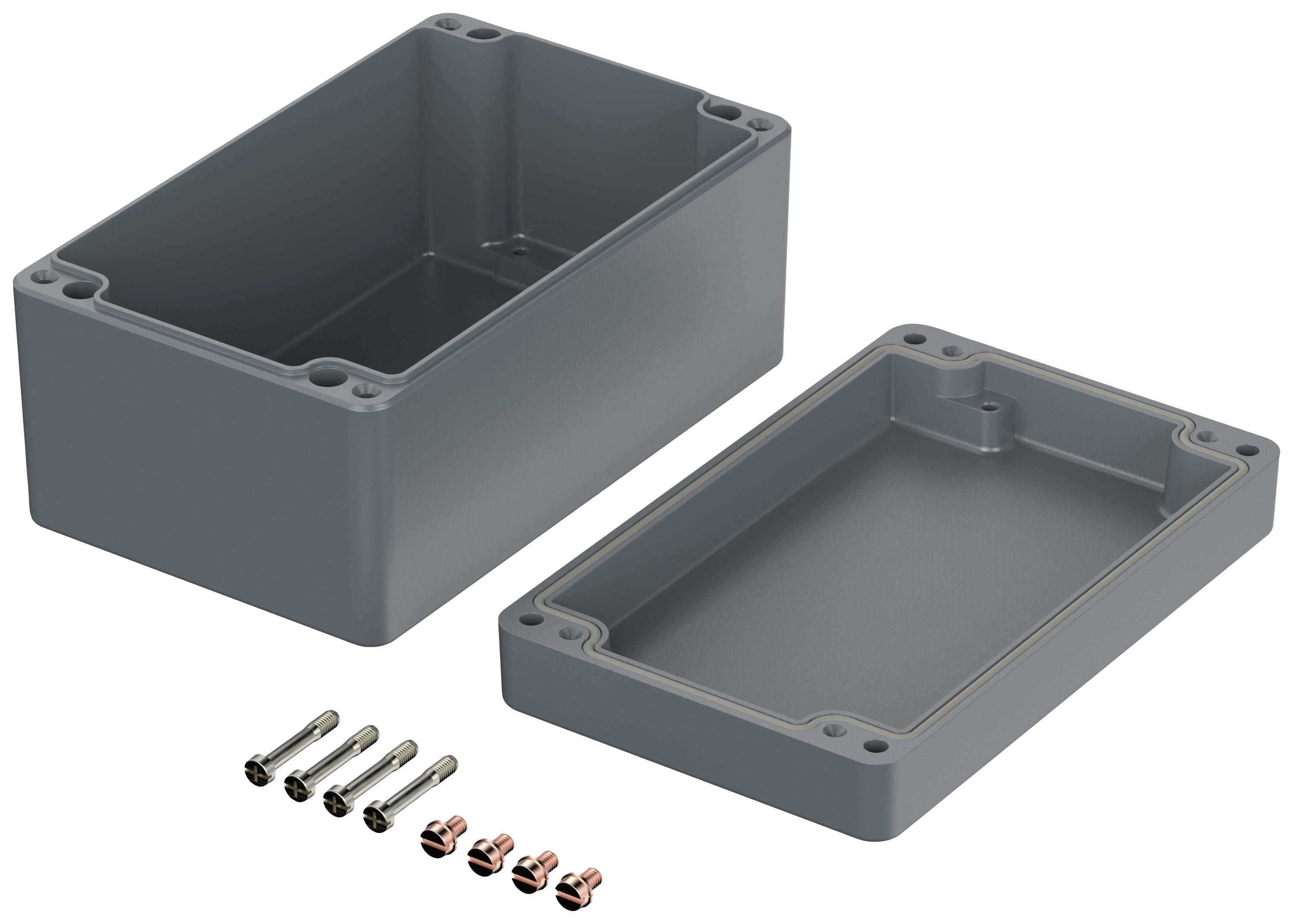 A grey rectangular plastic enclosure with a removable cover, six screws and four mounting brackets, suitable for electronic components.