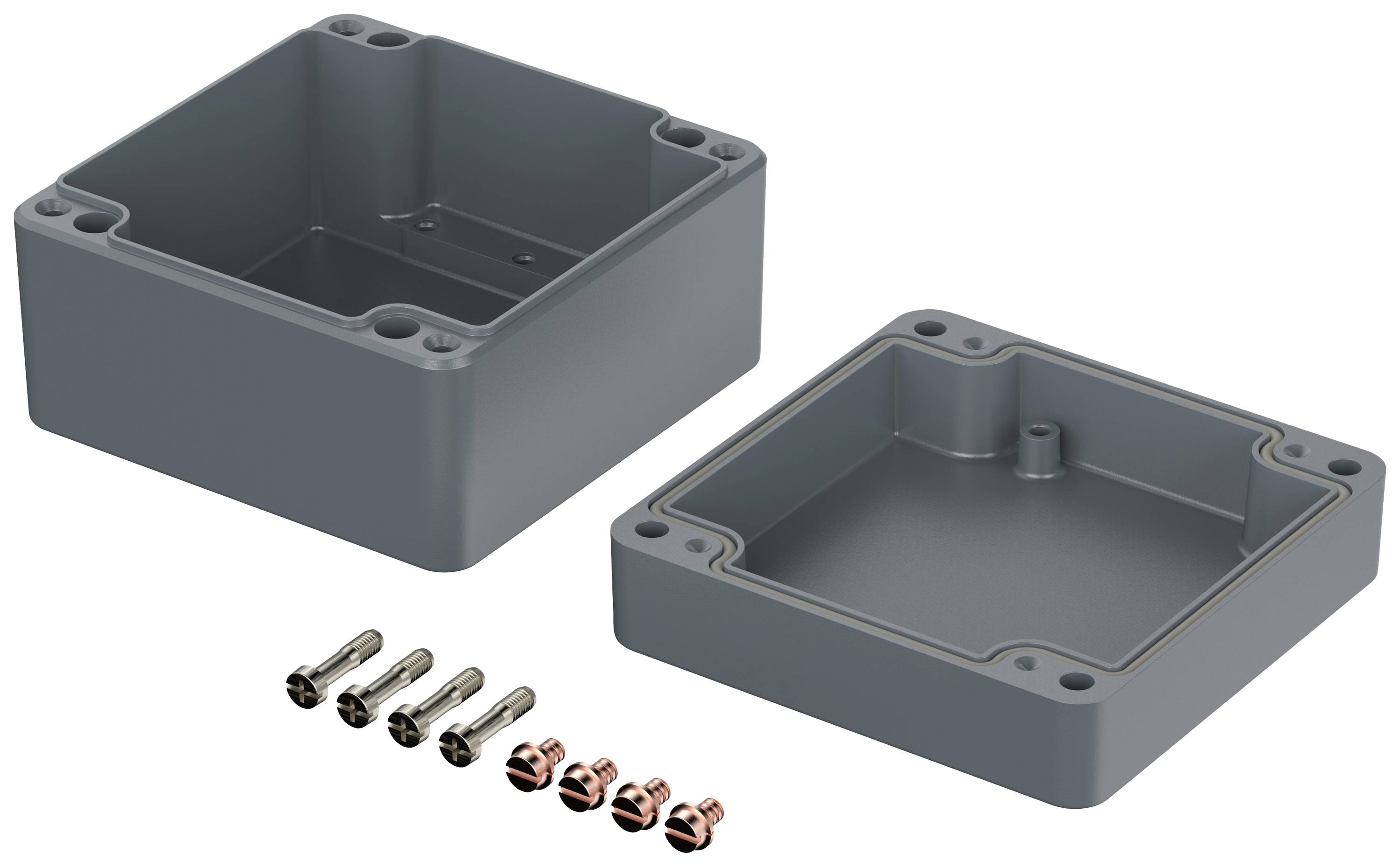 Grey square plastic enclosures with screws, one open and one closed. Suitable for electronic components.