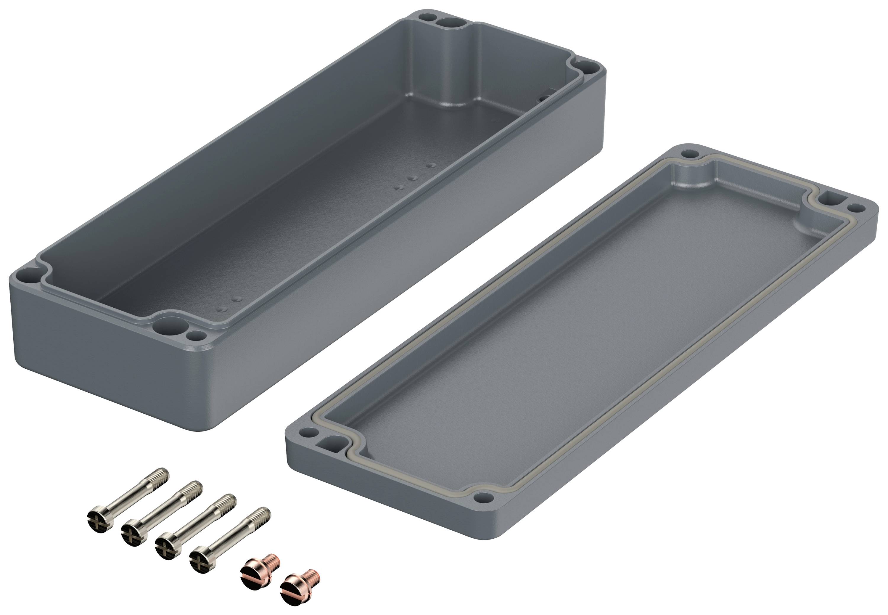 Plastic electronic enclosure, rectangular, shown in two parts. Four metal screws and two small nuts are placed beside it.