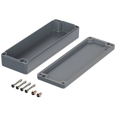 Plastic electronic enclosure, rectangular, shown in two parts. Four metal screws and two small nuts are placed beside it.