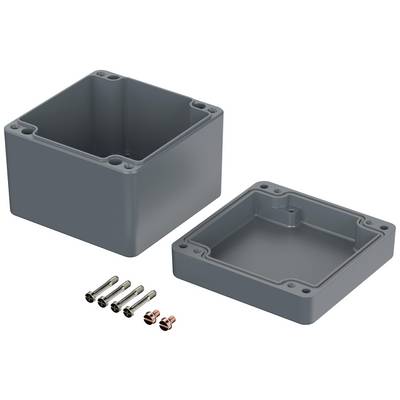 Grey, two-piece enclosure with removable cover, four screws and screw caps. Suitable for electronic components.
