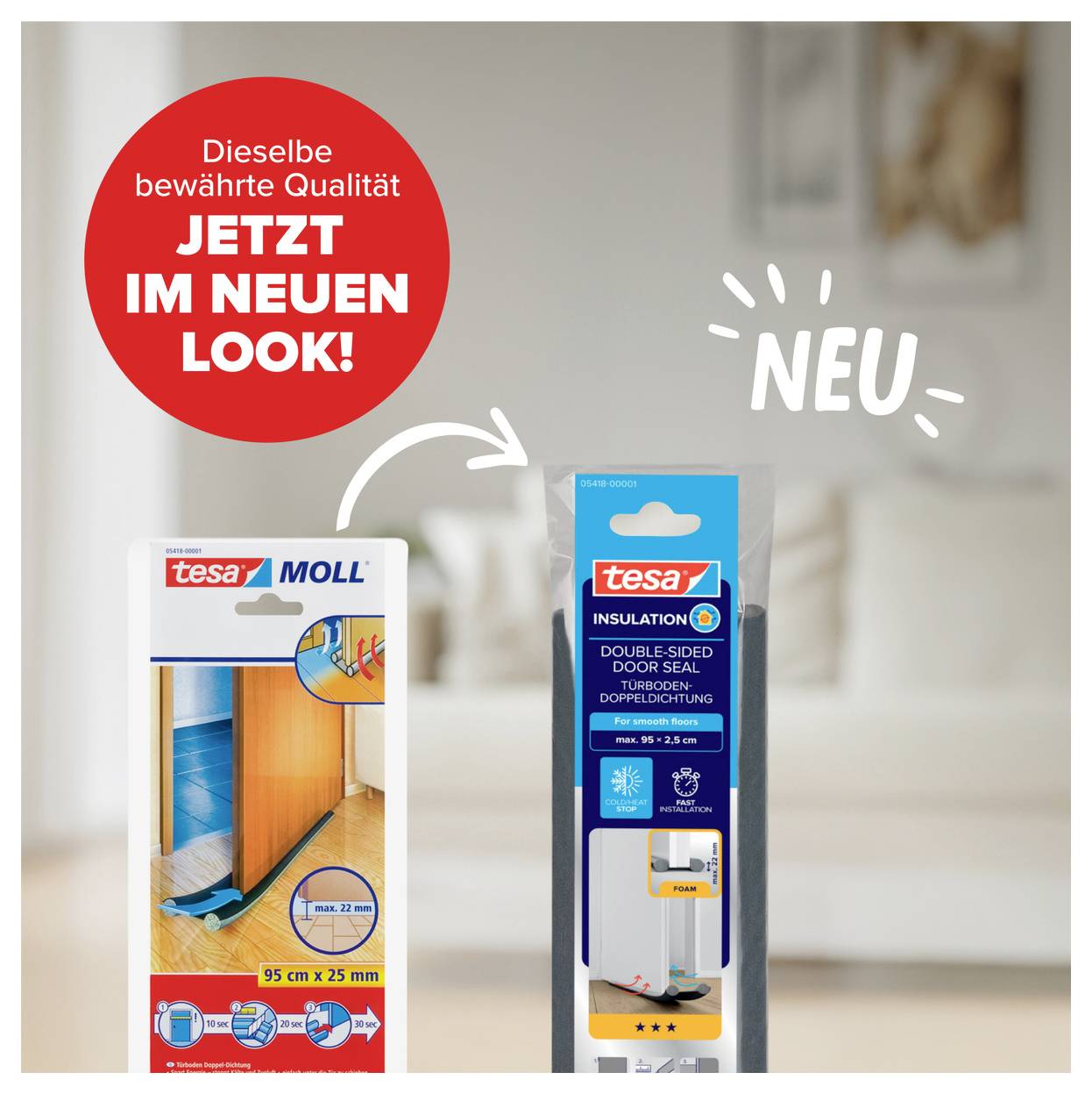 'The same proven quality now in a new look!' on a red circle. On the left a roll of sealing tape packaging; on the right the updated design. Residential background.